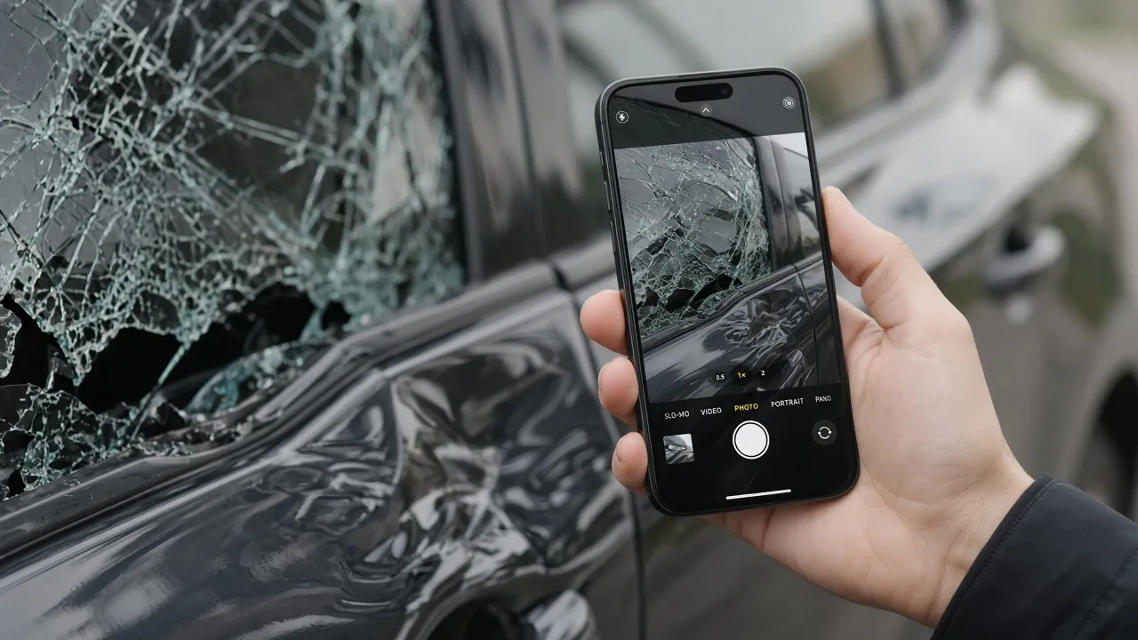 Ein Smartphone fotografiert einen Glasschaden an einem Pkw.
